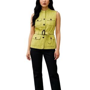 Tahari Arthur S Levine Women's Linen Blend Belted Pocket Vest Lime Green Size 8